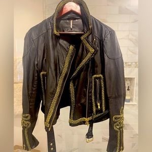 “Free People” Vegan leather embroidered motorcycle belted jacket